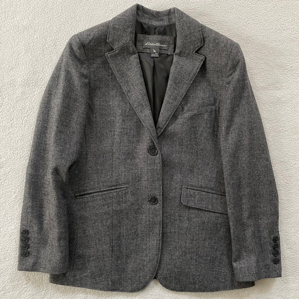 Eddie Bauer Blazer Women P10 Grey Herringbone Two Button Tailored Jacket